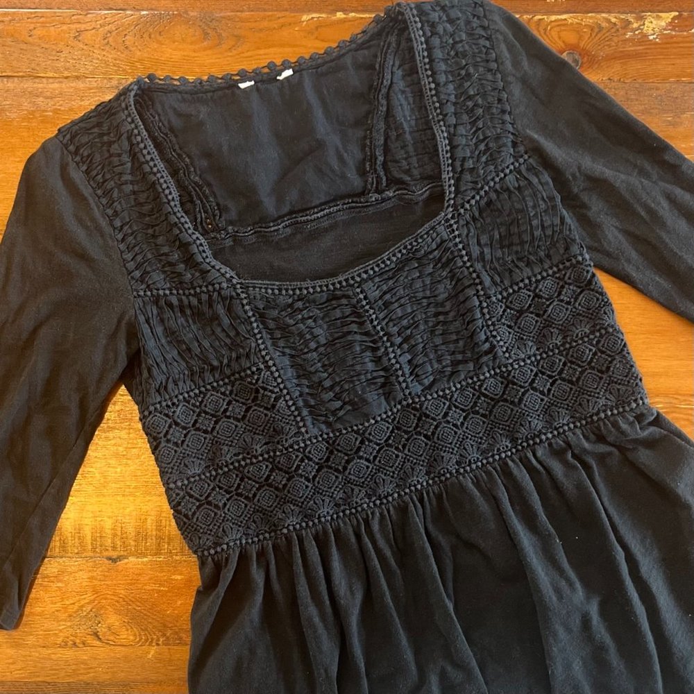 Anthropologie Black Boho Babydoll Blouse with Square Neckline